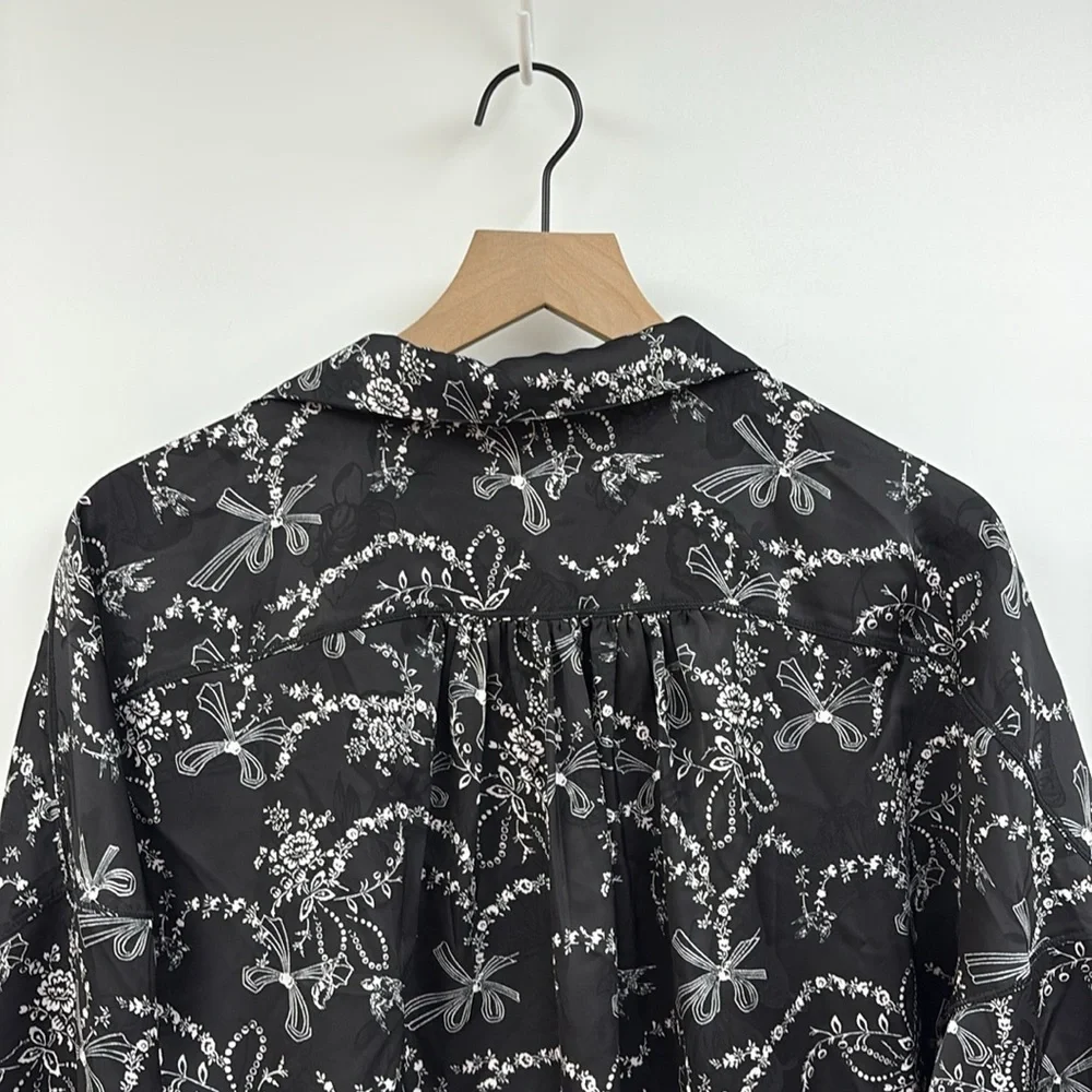 Intimately Free People Floral Bow Print V-Neck Button Down Boxy Shirt Black XL